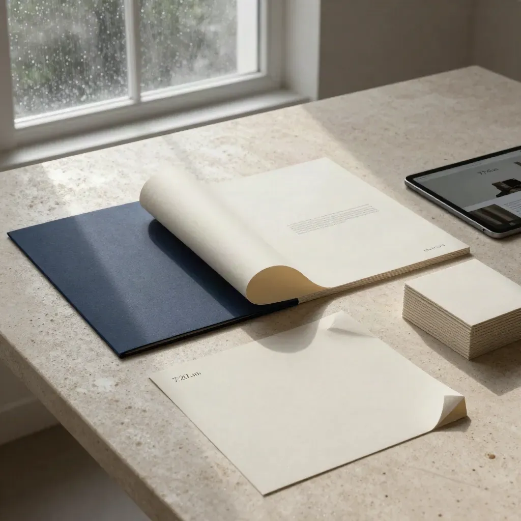 Navy brand boards, tablet mockup, and print proofs on limestone in rainy morning light.