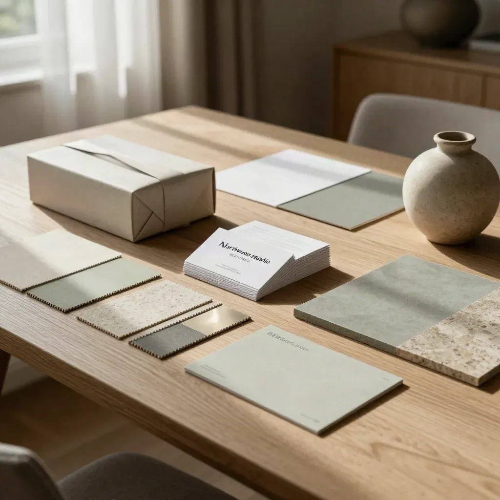 Rebrand materials on a Bristol dining table in soft morning window light.