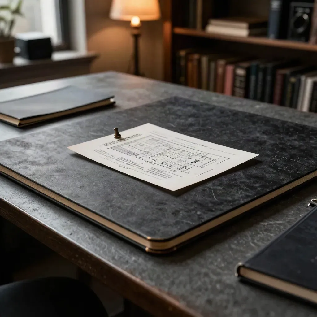Low-angle view of a dark site plan board, notebook and presentation sleeve in a dim back room.