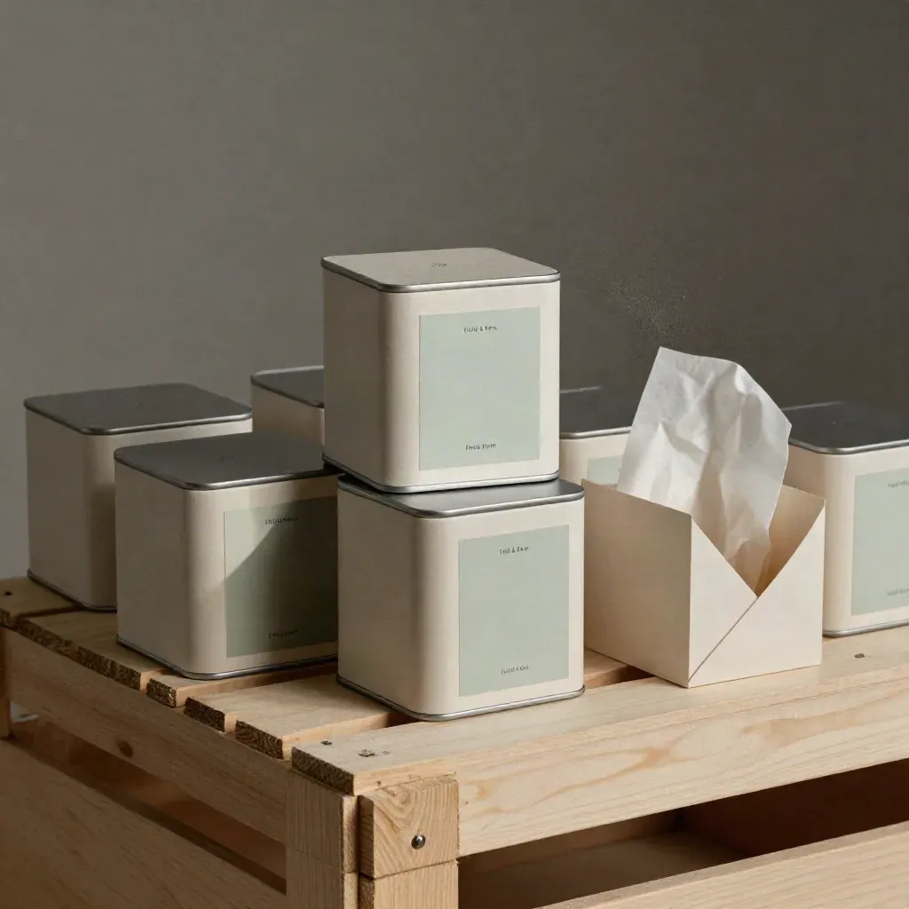 Tea packaging mockups on a pale wooden crate in a Kent studio, tissue lifting in hazy light.