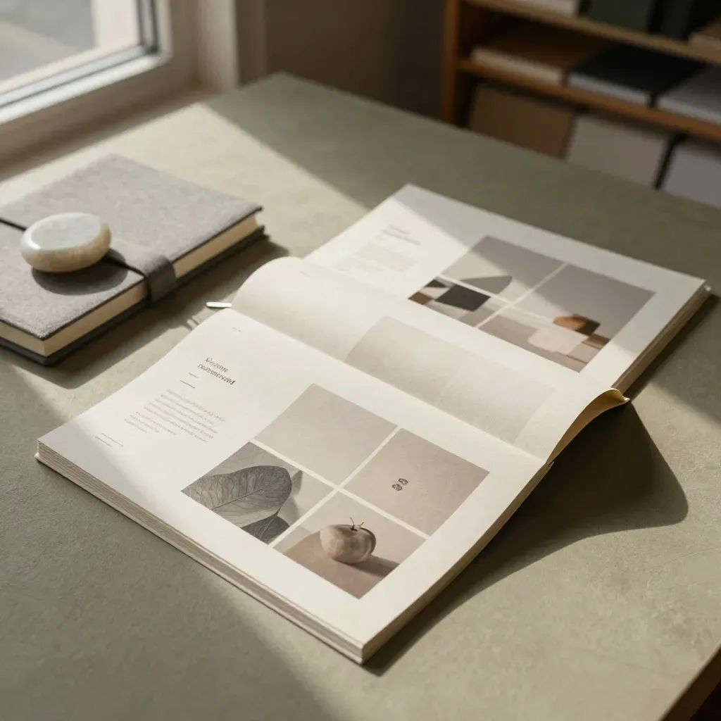 Three web page mockup boards with a closed notebook and stone paperweight on a calm studio surface.