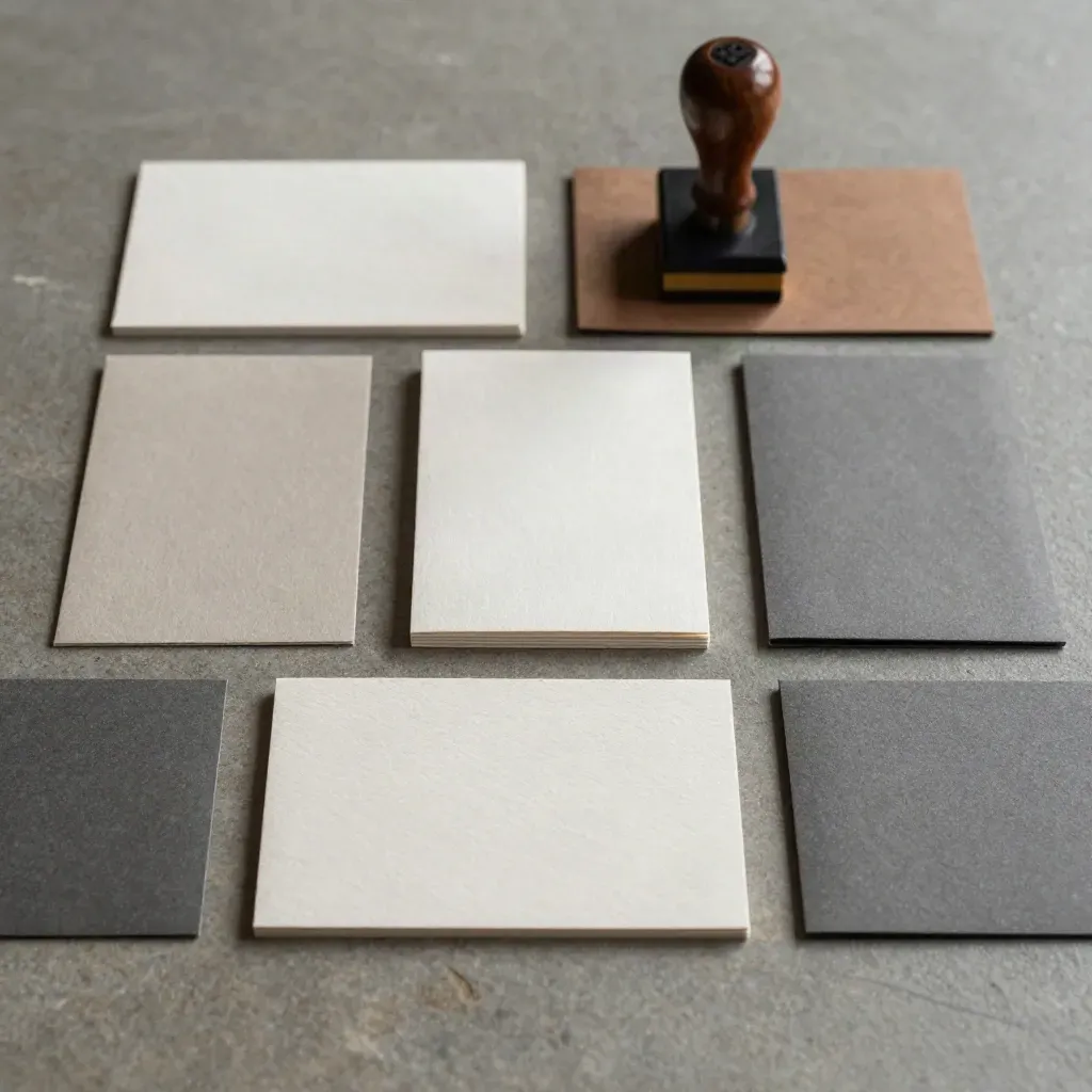 Top-down premium flat lay of embossed brand stationery pieces on a stone surface.