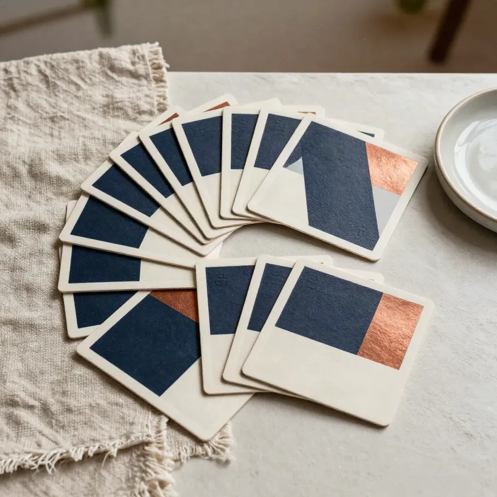 Top-down flat lay of twelve navy, ivory and copper social tiles beside linen board and ceramic tray.