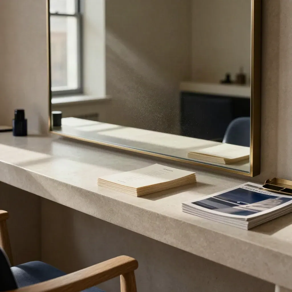 Floor-level salon counter with navy swatches, cream cards and a mirrored tray in morning light