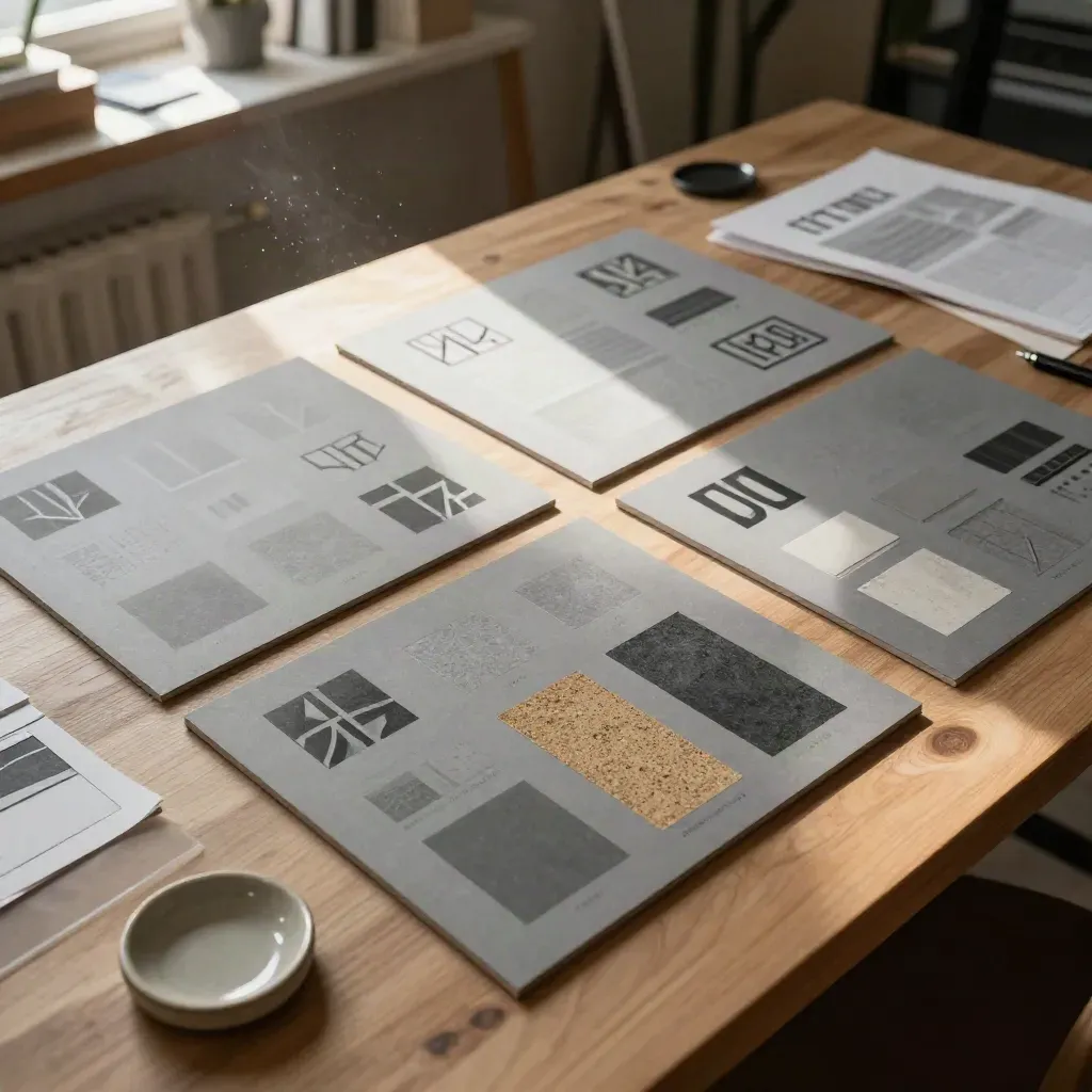 Brand audit boards, swatches and proof sheets on a drafting table in warm studio light.