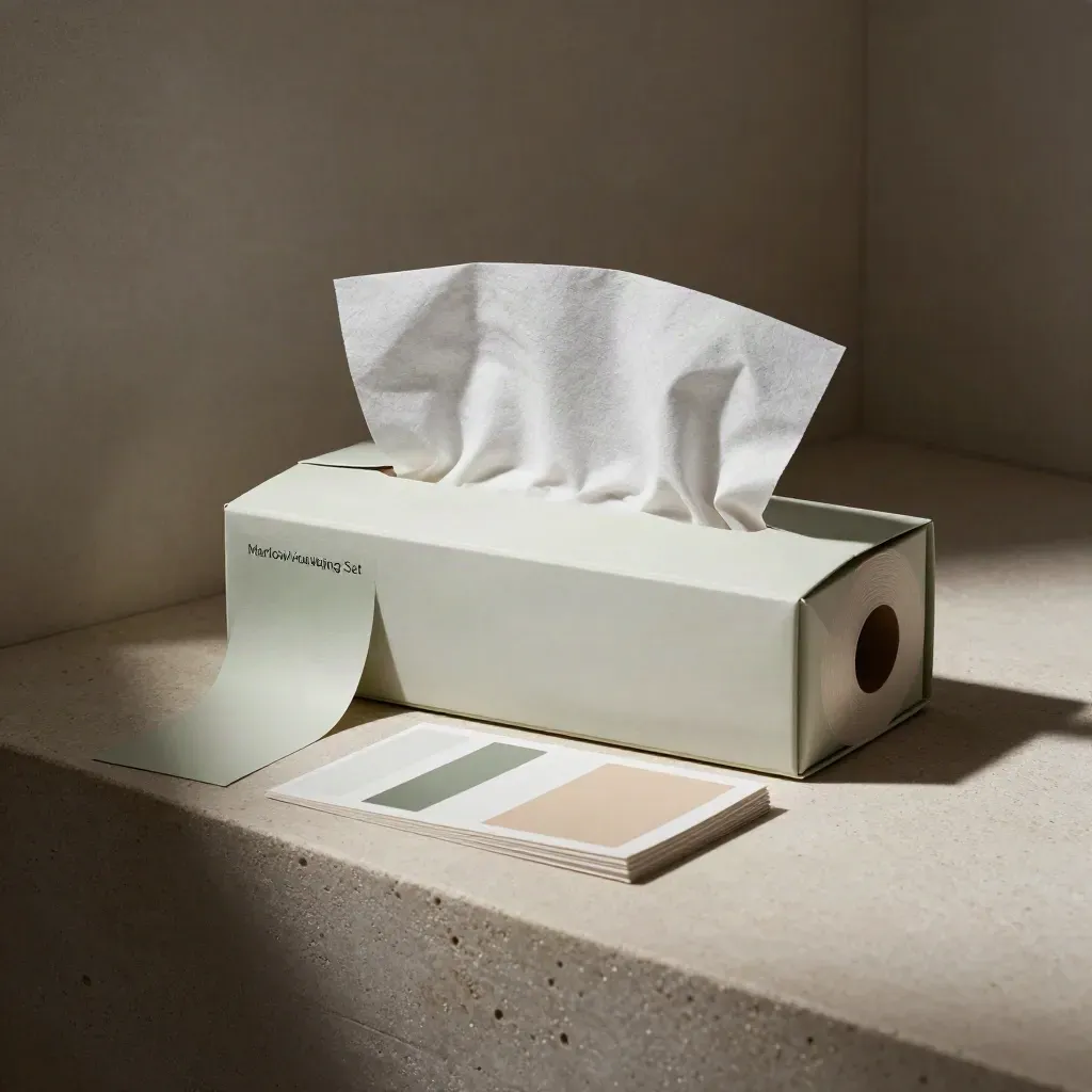 Luxury skincare packaging mockups on a stone plinth, half-open box with tissue and sample swatches