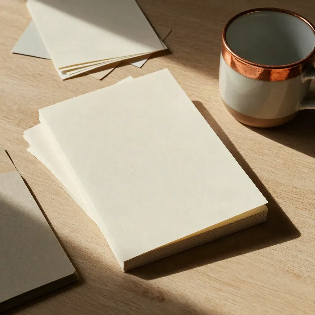 Top-down studio notes with folded cards, paper samples and a ceramic cup on a pale oak worktable.