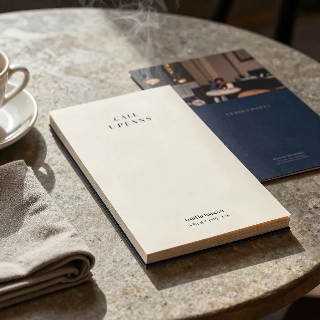 Elegant menu cards beside a cup ring, napkin, plate, and steam on a stone table.