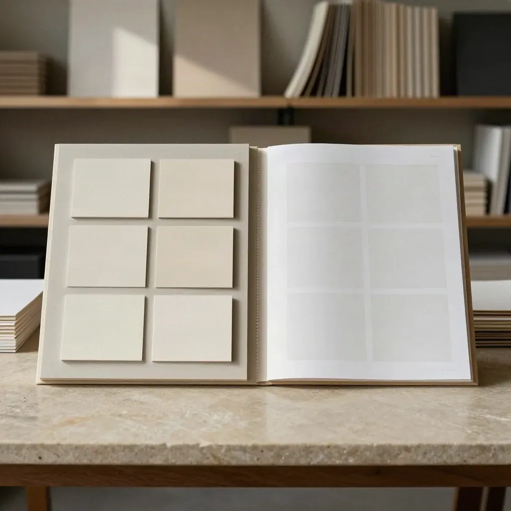 Client proof boards with before-and-after brand updates on a clean studio desk.