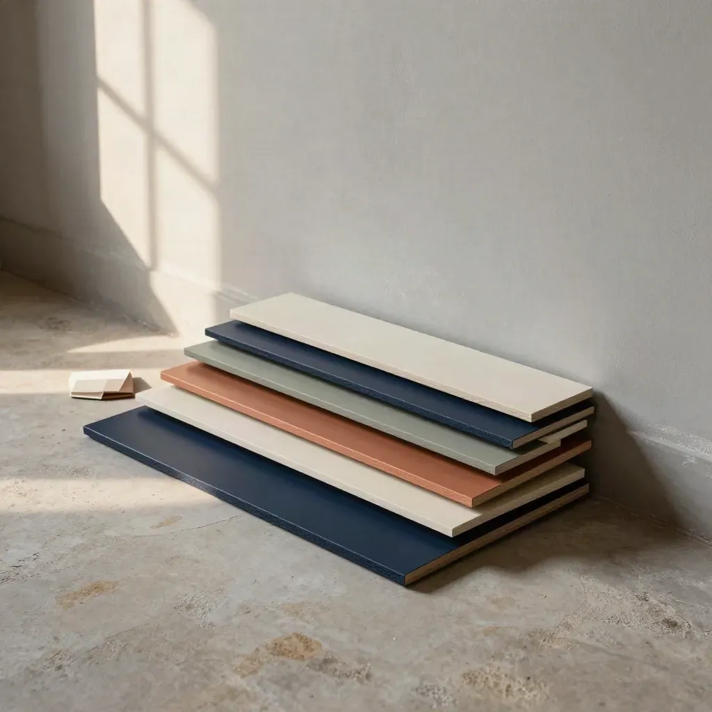Colour boards in navy, ivory, copper and sage on a plaster floor with soft afternoon light.