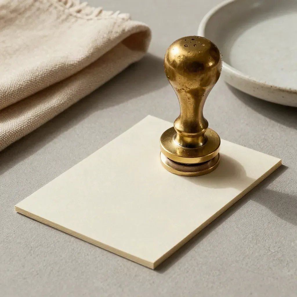 Brass monogram stamp over inked card with linen cloth and ceramic dish on stone tray.