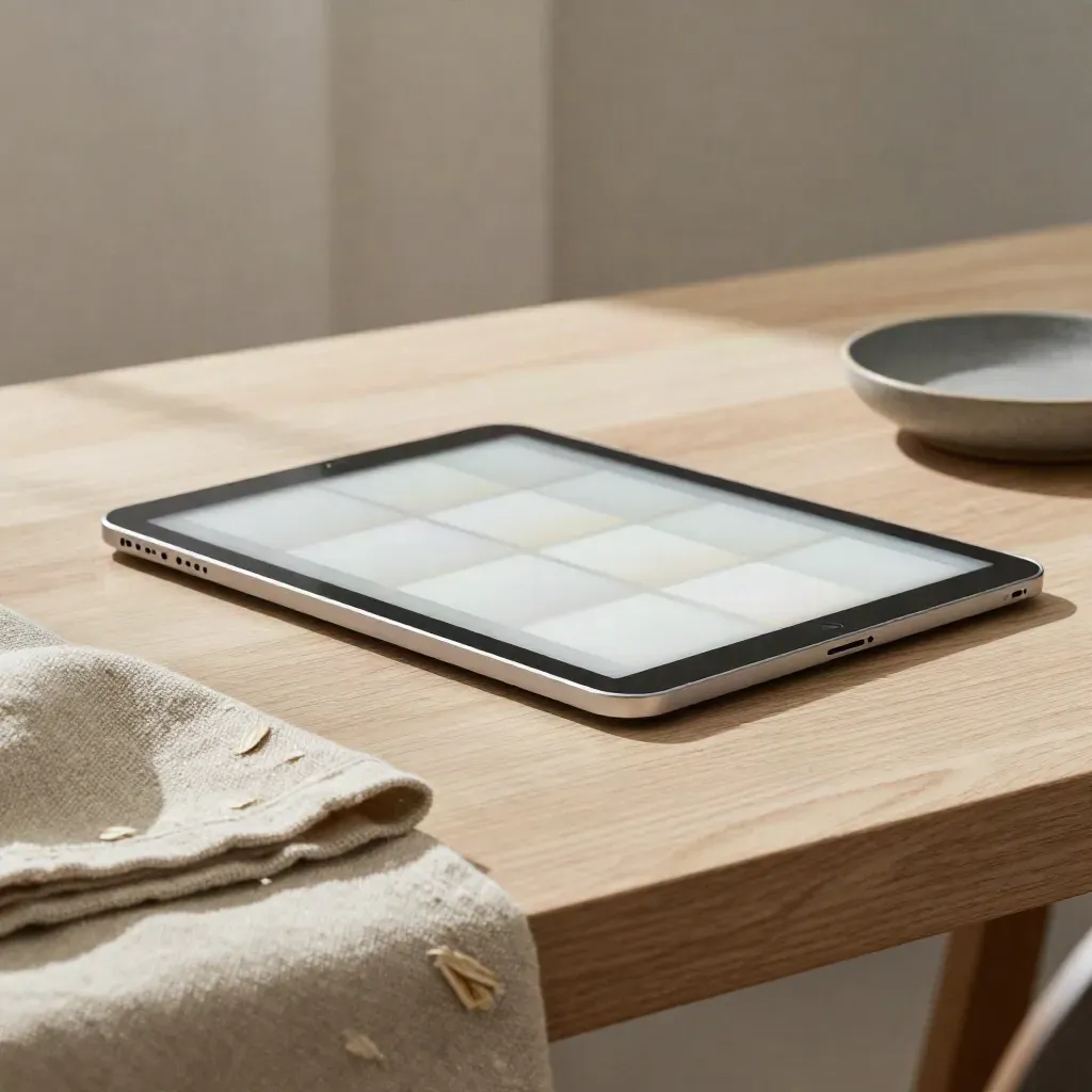 Tablet with glowing page blocks, oatmeal linen and warm-grey dish on a pale oak desk.