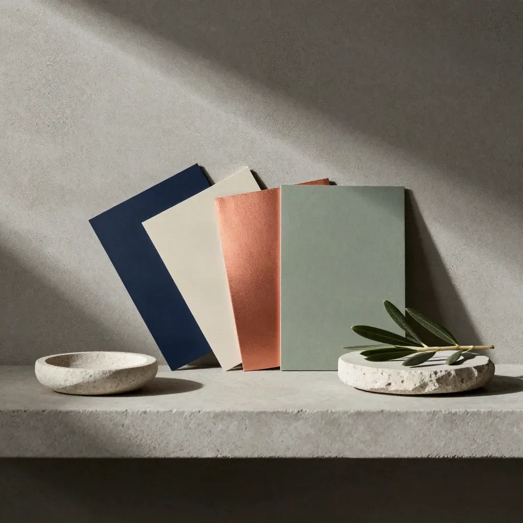 Palette chips in navy, ivory, copper and sage beside a sprig and stone dish on concrete.