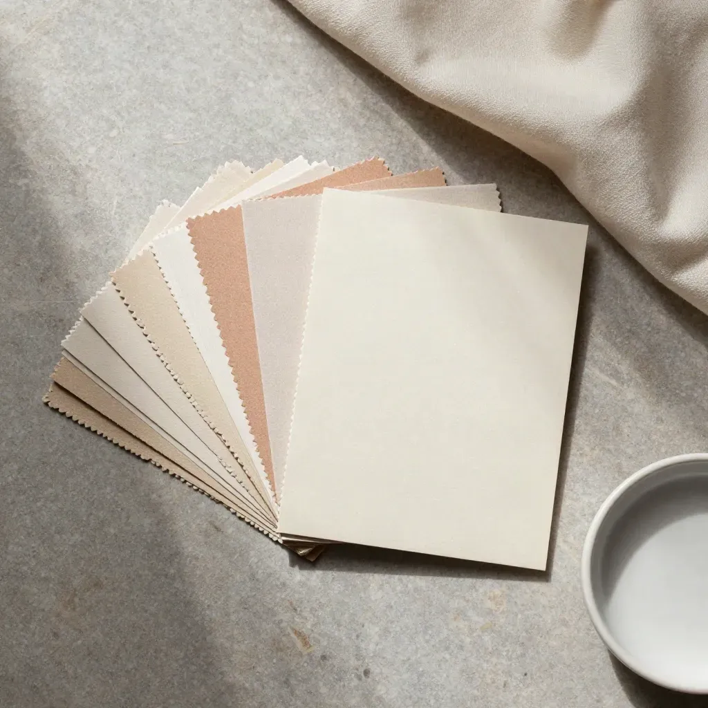 Overhead paper swatch fan with sample card and folded cloth on stone, softly lit.