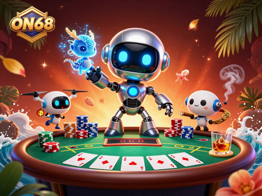 Join the action at ON68 with a thrilling cyberpunk poker scene packed with casino elements.