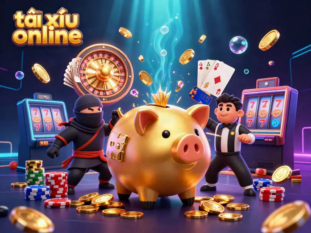 Engage in tài xỉu online with an exciting illustration of characters and casino elements.