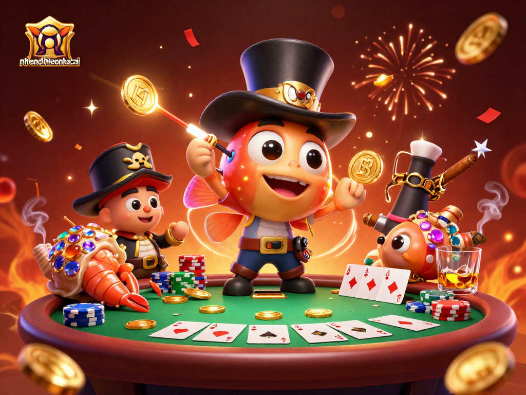 Engage with nhandinhkeonhacai-themed casino excitement featuring vibrant characters and poker elements.