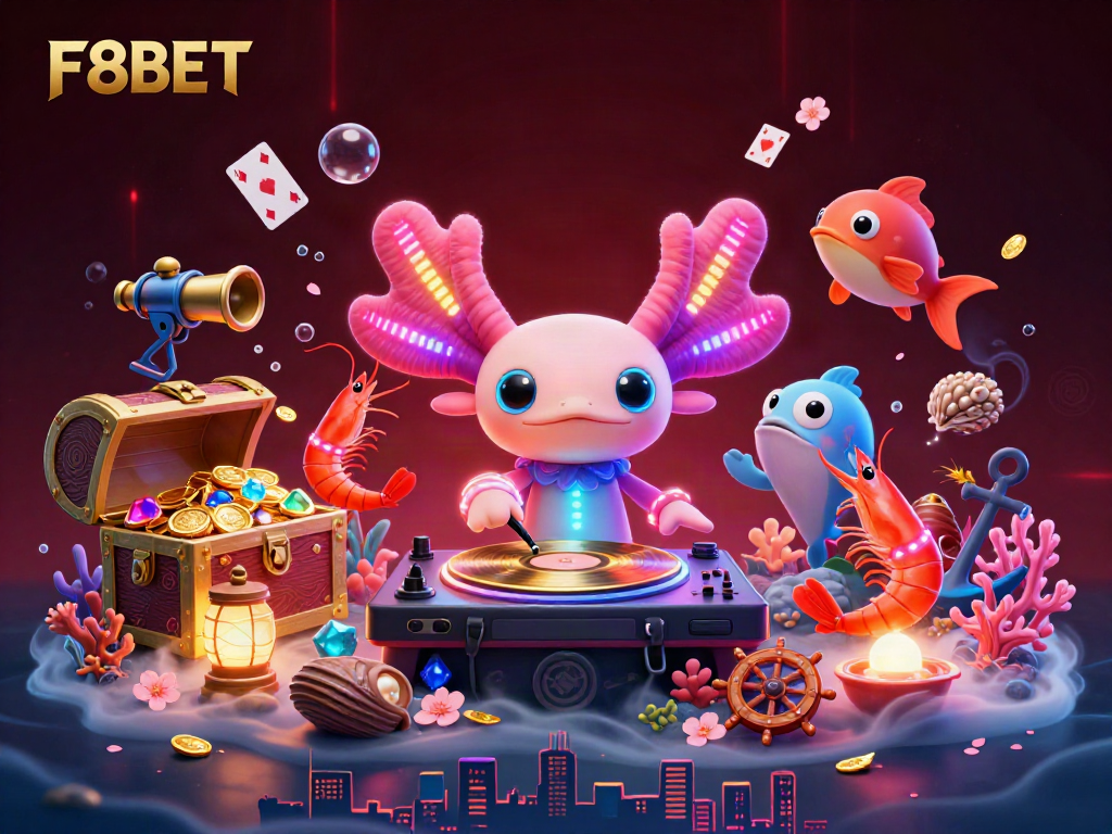 Engage with F8BET's vibrant gaming scene featuring neon axolotl DJ, treasure elements, and interactive underwater party.