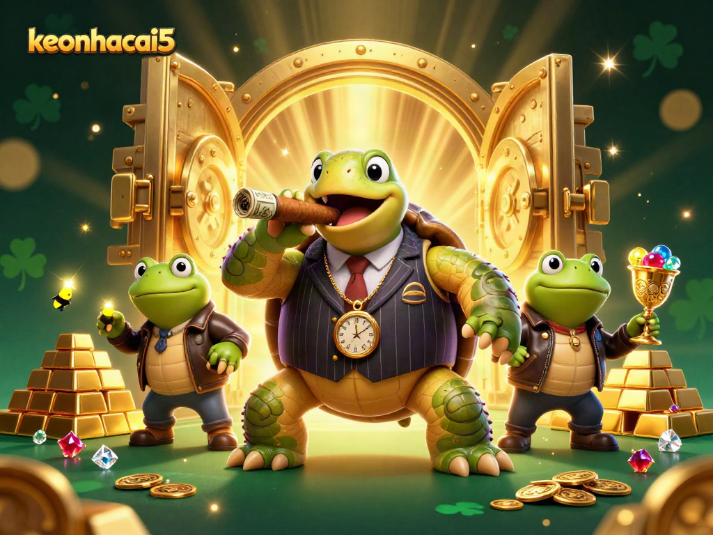 Engage with keonhacai5 in an explosive casino scene with vibrant treasures and characters.