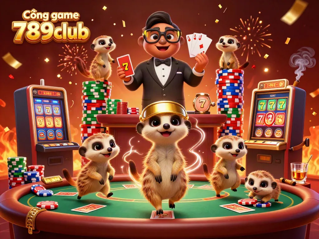 Engaging scene showcasing meerkats in the Cổng game 789club casino, filled with gaming excitement and vibrant colors.