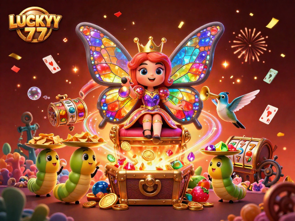 Engage the thrill of winning at LUCKY77 with colorful slots and a magical casino scene.