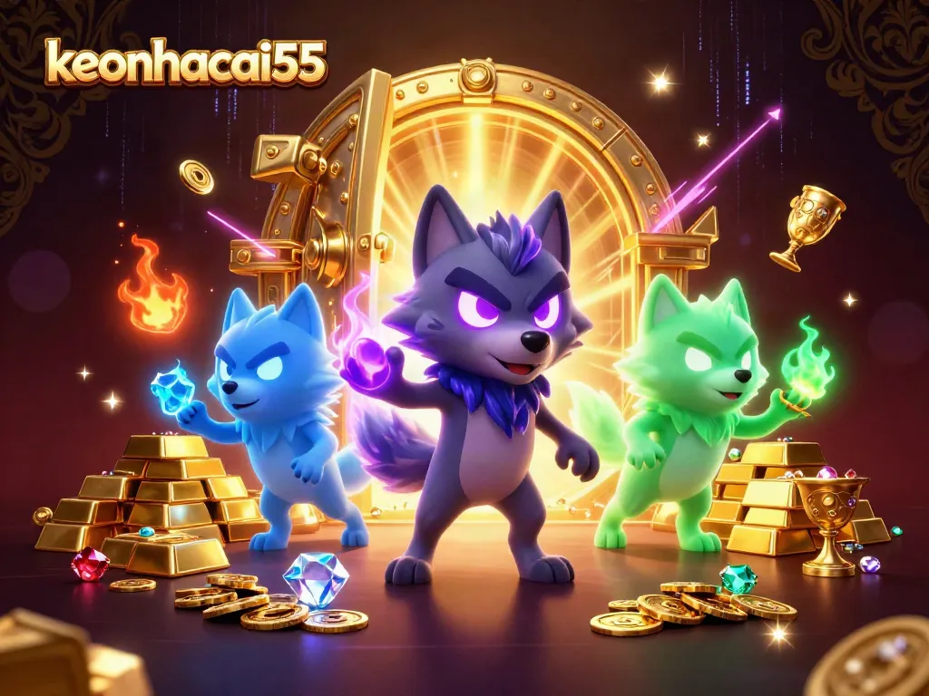 Experience keonhacai55's rich gambling world filled with treasure, spirit wolves, and dynamic energy.