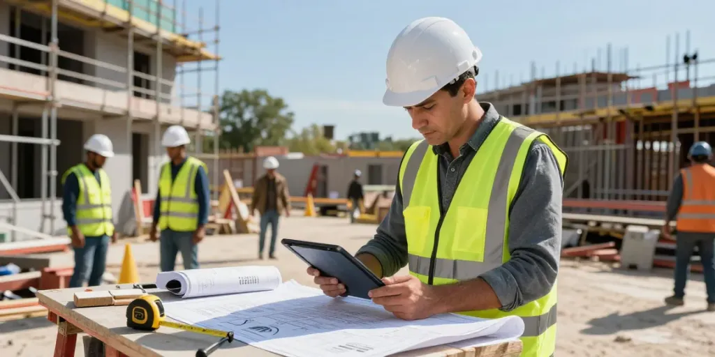 Retrofit quantity surveyor reviewing plans on a construction site with workers and materials.