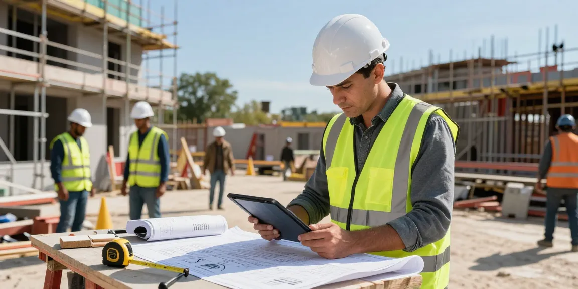 Retrofit quantity surveyor reviewing plans on a construction site with workers and materials.