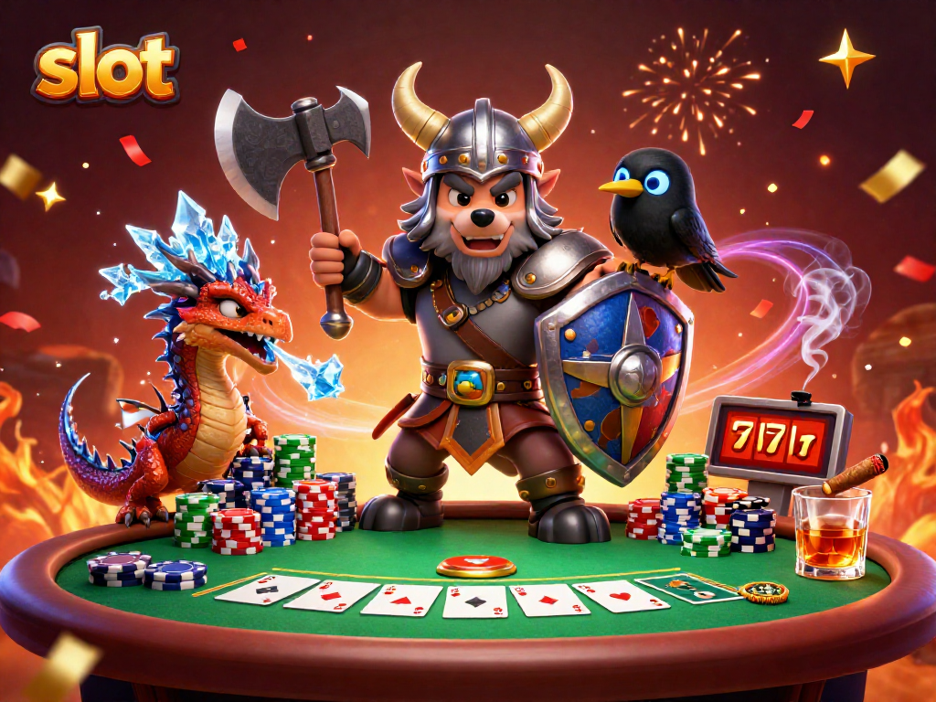 Experience thrilling slot action with a heroic Viking wolf warrior and magical characters in a vibrant casino scene.