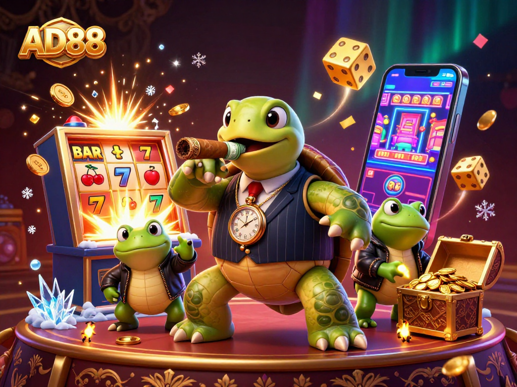 AD88 engaging in an exciting casino scene featuring a turtle in a mobster suit and bullfrog enforcers.