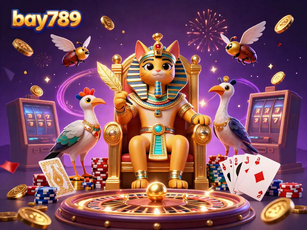 Engaging bay789 online casino scene featuring the pharaoh cat, coins, and vibrant gaming elements.