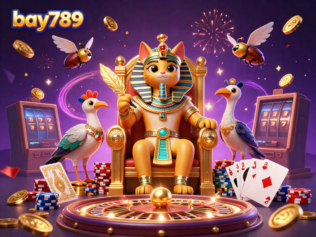 Engaging bay789 online casino scene featuring the pharaoh cat, coins, and vibrant gaming elements.