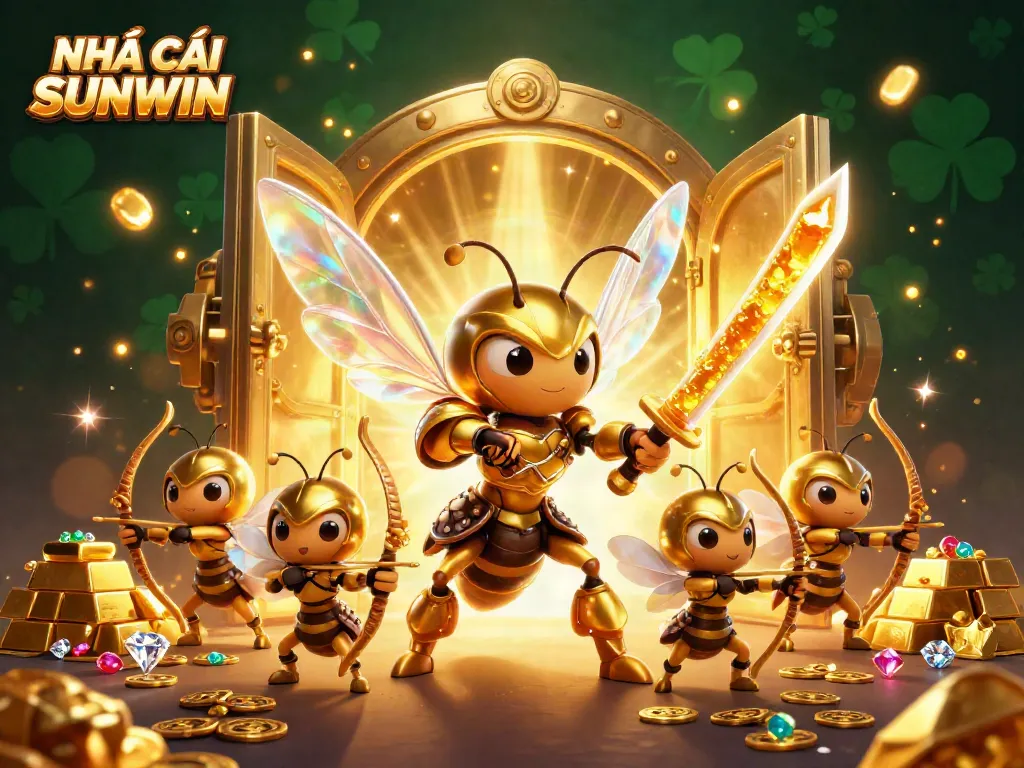 Engaging action scene featuring NHÀ CÁI SUNWIN's cartoon characters amidst treasure and casino elements.