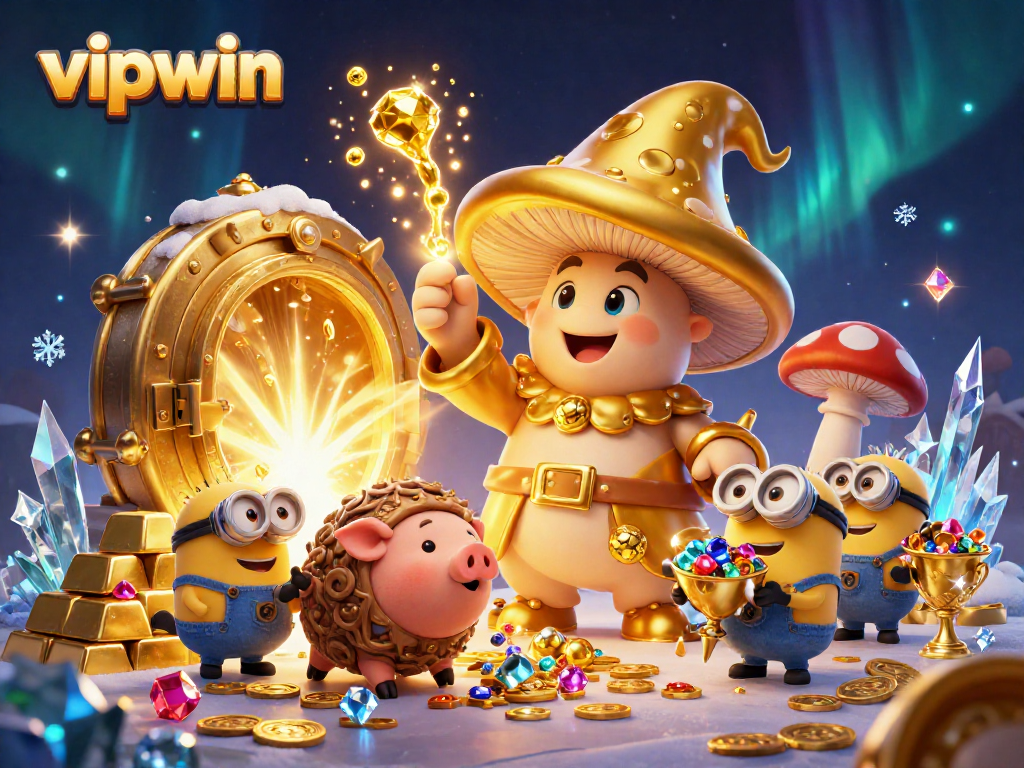 Experience the magic of vipwin as the character transforms treasures in this vibrant 3D casino scene.