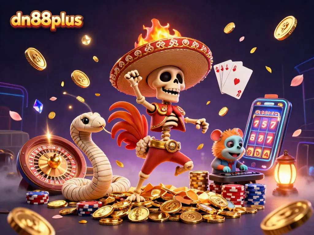 The dn88plus casino scene showcases a vibrant dance with characters on golden coins, featuring dynamic game elements.