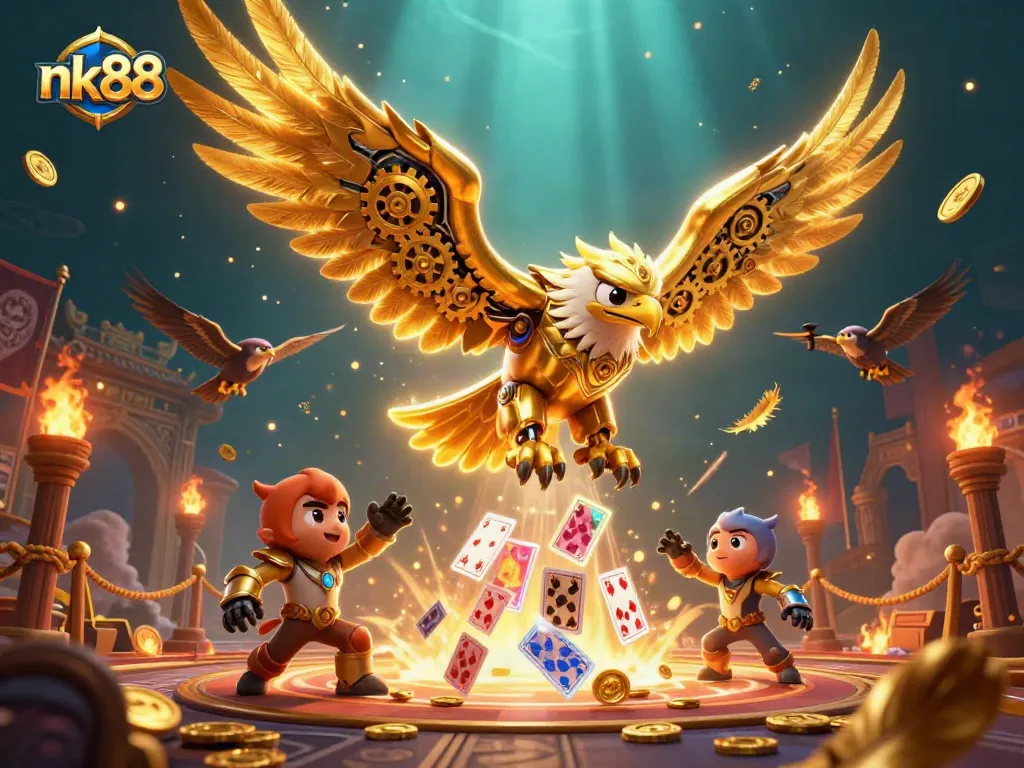 Engage with thrilling nk88 casino action as the golden eagle dives through holographic cards.