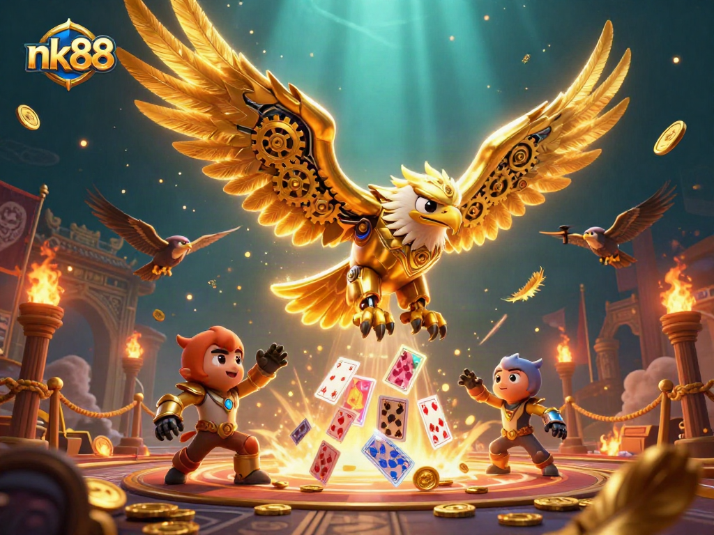Engage with thrilling nk88 casino action as the golden eagle dives through holographic cards.