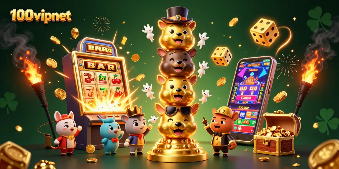 Experience the excitement of 100vipnet with vibrant illustrations of a lively casino scene filled with interactive game elements.