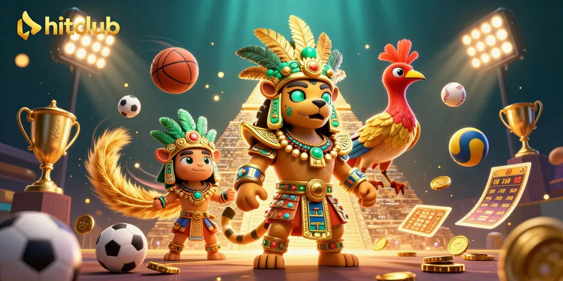 Hitclub sports betting scene with a Mayan jaguar priest and quetzal bird, dynamic elements in action.