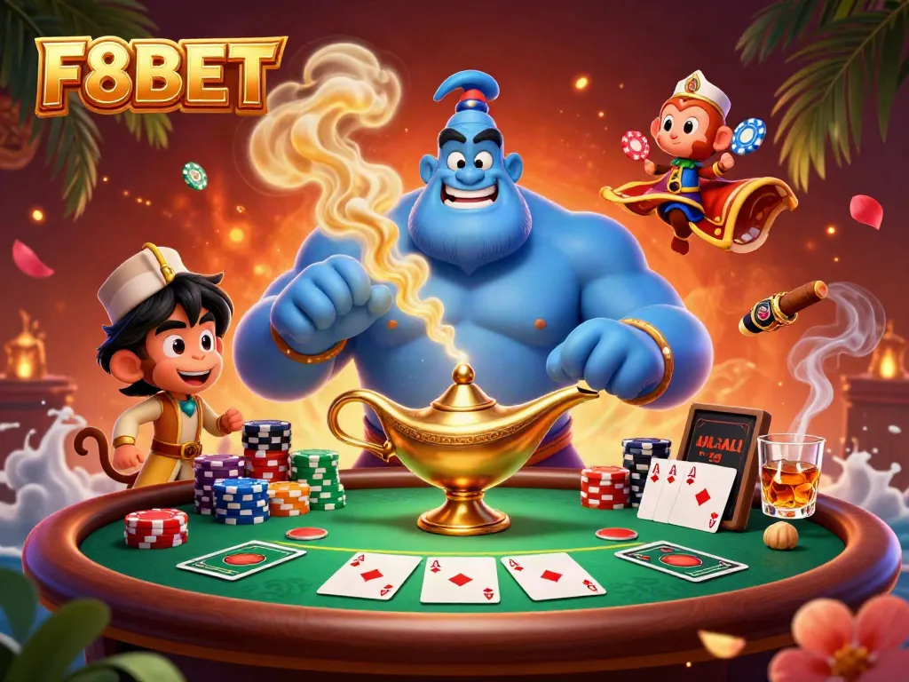 Engage with thrilling gaming action at F8BET featuring a blue genie and poker dynamics.