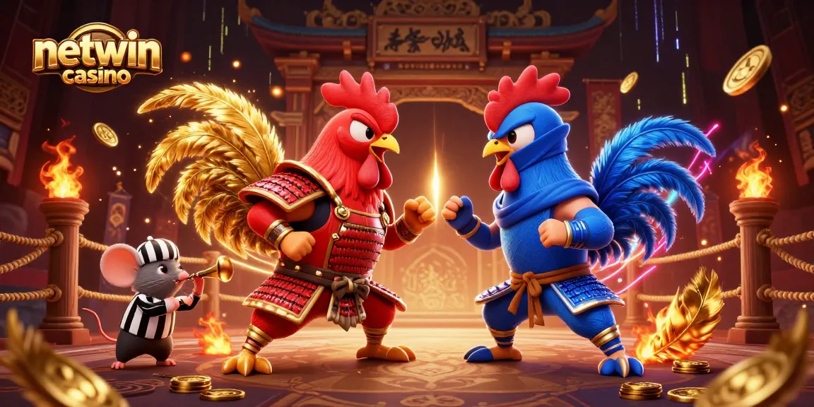 Experience the thrill of netwin casino with fierce roosters in battle, gold accents and vibrant energy.