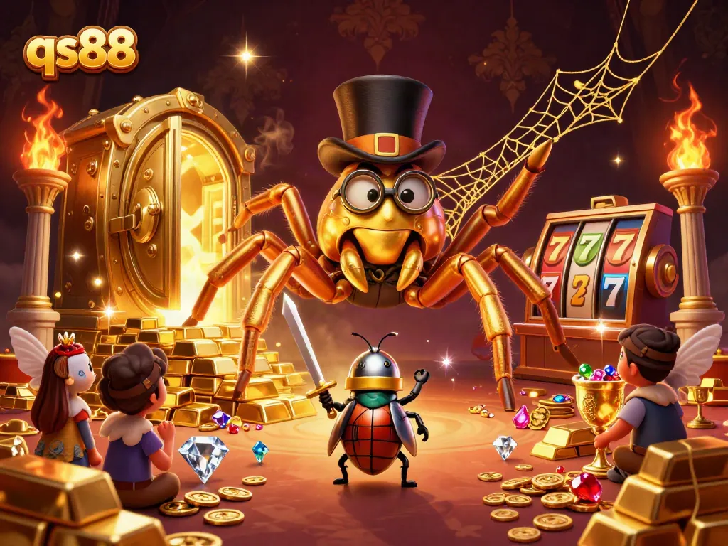 Experience excitement with qs88 as a brave beetle knight approaches a golden tarantula at a lively casino