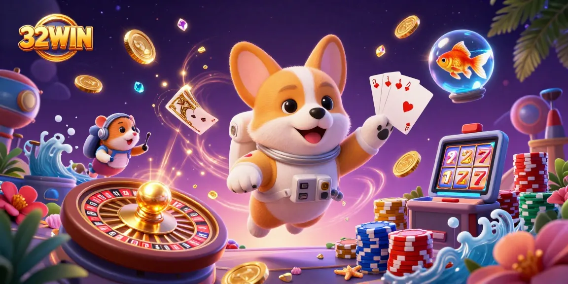 Experience exciting wins at 32WIN with playful characters in a vibrant casino setting.