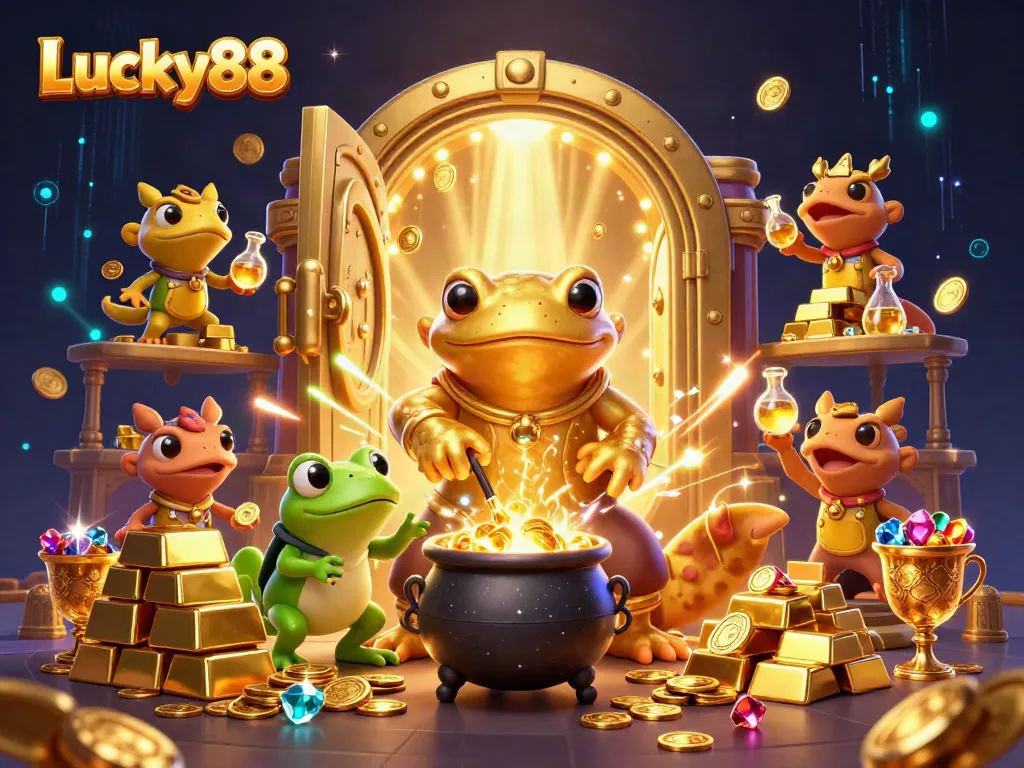 Experience the vibrant gold-transmuting scene at Lucky88 online casino, featuring alchemists and treasure elements.