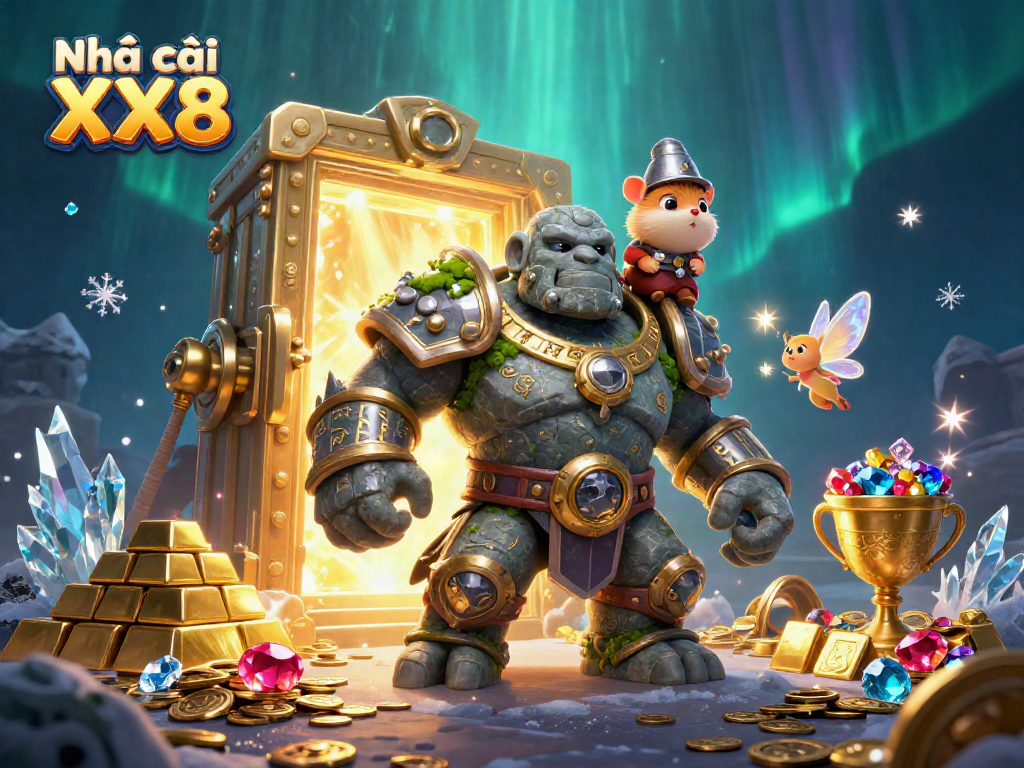 Experience thrilling games at Nhà cái XX8 with magical characters and sparkling treasures in a vibrant 3D scene.