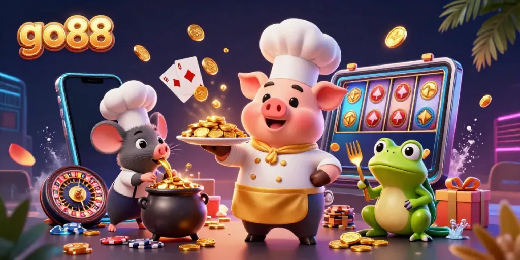 Experience winning with go88 at a vibrant online casino featuring festive characters and games.