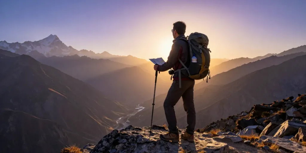 Un viajero en el trek al Circuito Manaslu, contemplando montañas y valles al atardecer, con equipo de senderismo en un paisaje impresionante.