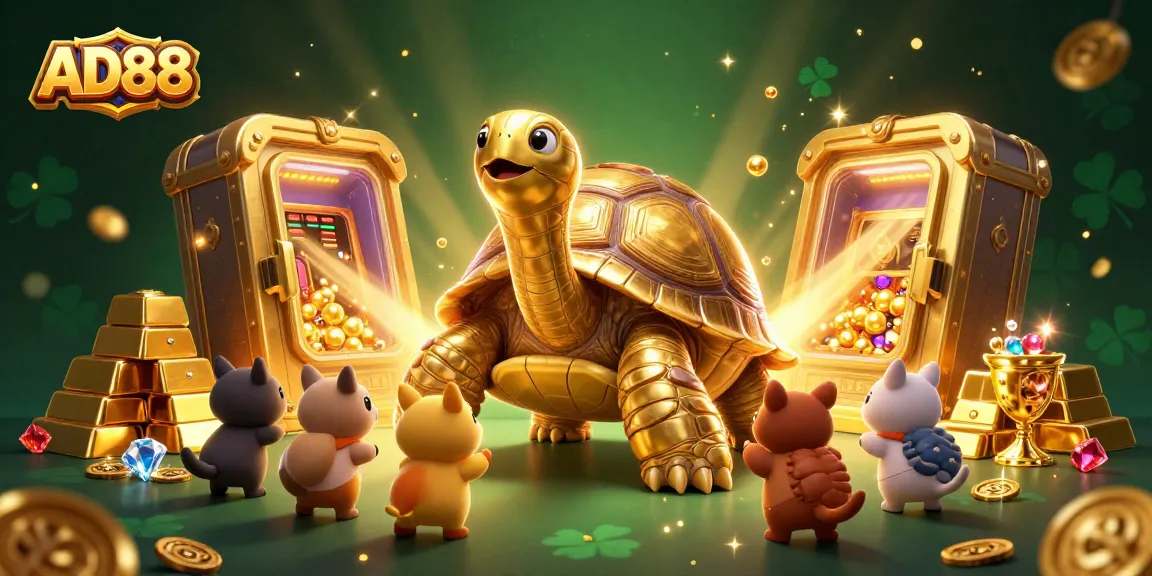 Join the excitement at AD88 with a lively scene of a golden tortoise pinball machine and treasures gleaming.