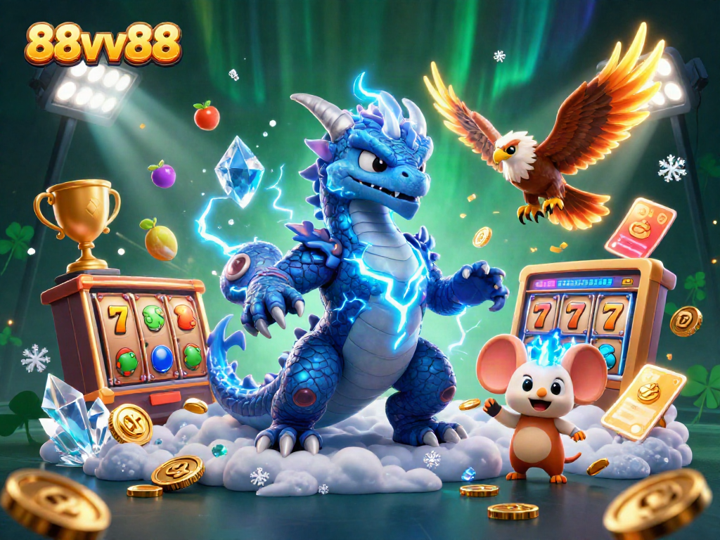 Experience the thrill of 88vv88 with exhilarating casino excitement featuring a thunder dragon and gaming elements.