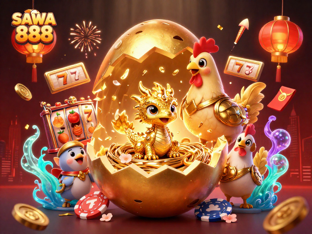 Experience thrilling wins at SAWA 888 with magical creatures and exciting casino elements in this vibrant illustration.